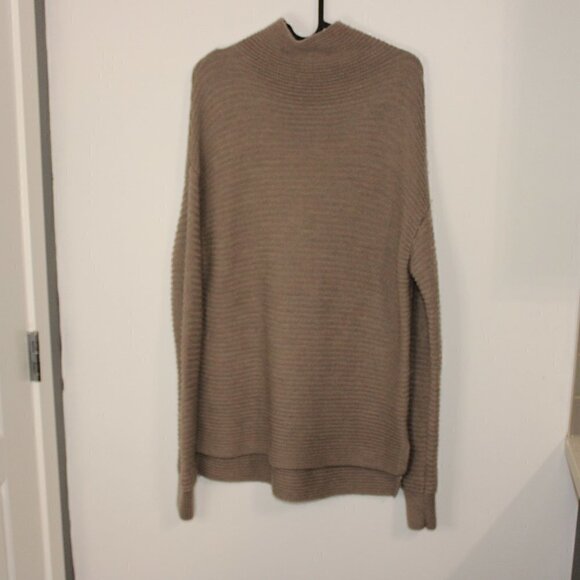 Athleta Small Tan Lodge Ribbed Mock Neck 100% Extra Fine Merino Wool Sweater - Picture 1 of 6